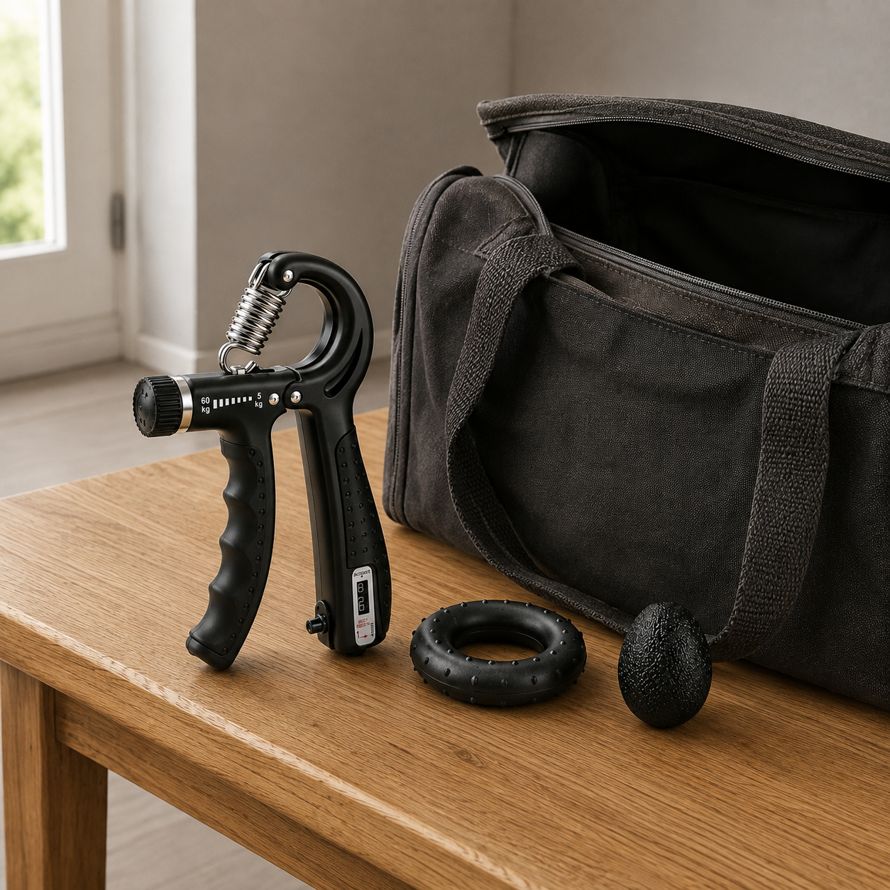 Hand gripper, forearm ring and grip ball on a hallway bench beside an open canvas holdall