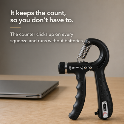 Black hand gripper on a desk below the words It keeps the count, so you don't have to