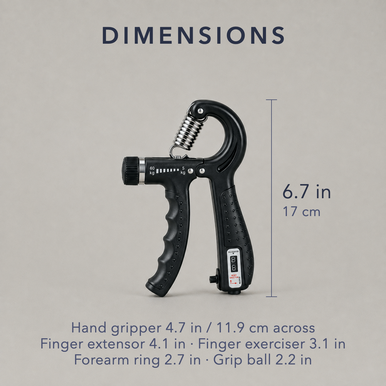 Dimension diagram of the hand gripper, 6.7 inches tall and 4.7 inches across, with sizes listed for the finger extensor, finger exerciser, forearm ring and grip ball