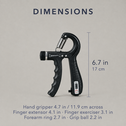 Dimension diagram of the hand gripper, 6.7 inches tall and 4.7 inches across, with sizes listed for the finger extensor, finger exerciser, forearm ring and grip ball