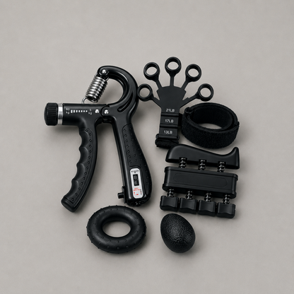 All five pieces laid out on grey: hand gripper, finger extensor with wrist strap, finger exerciser, forearm ring and grip ball