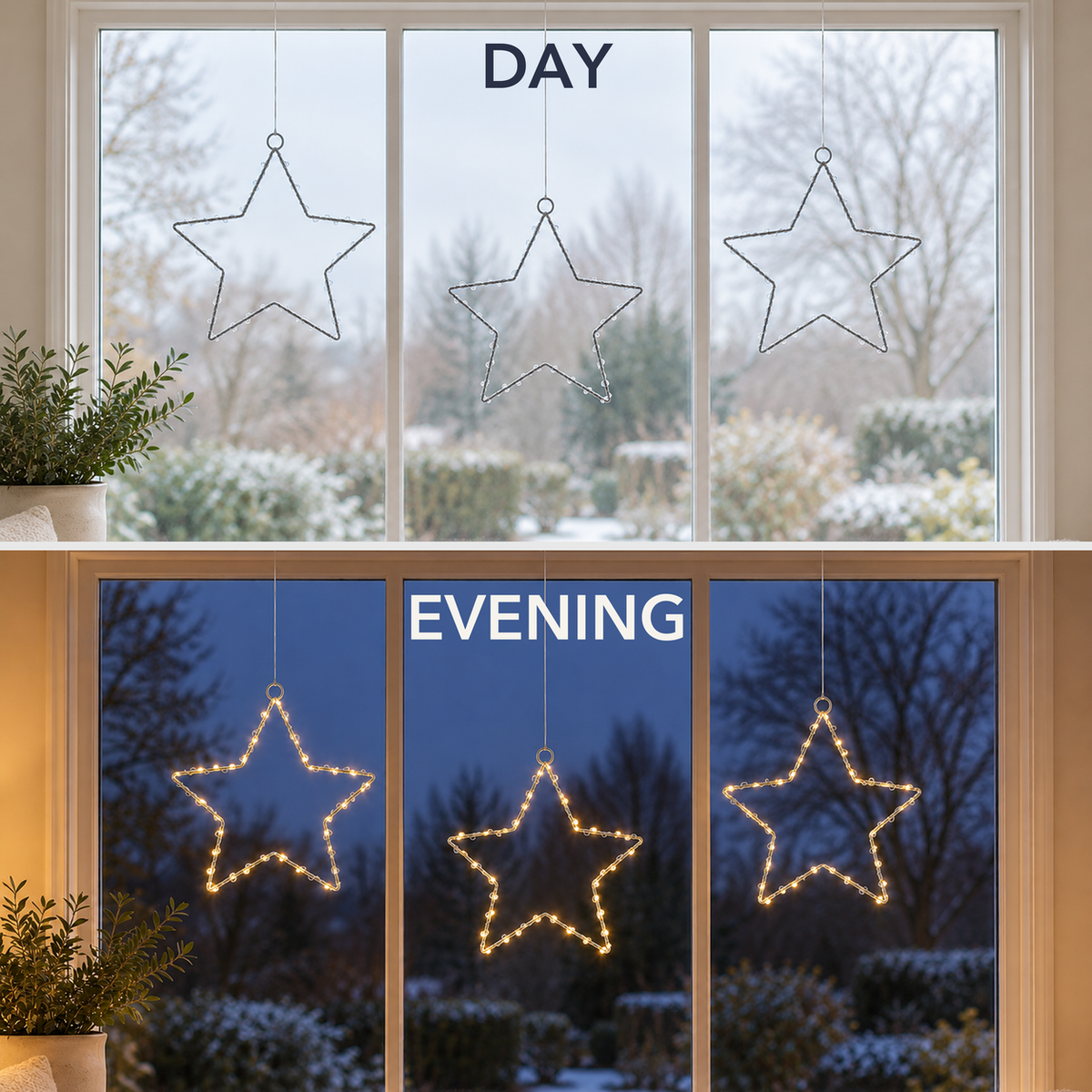 The same window with three star lights switched off in daylight and glowing warm white in the evening