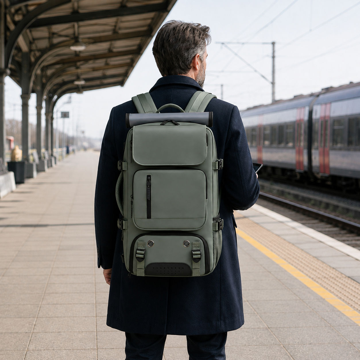 Man on a railway platform seen from behind, wearing the army green travel backpack with a train alongside