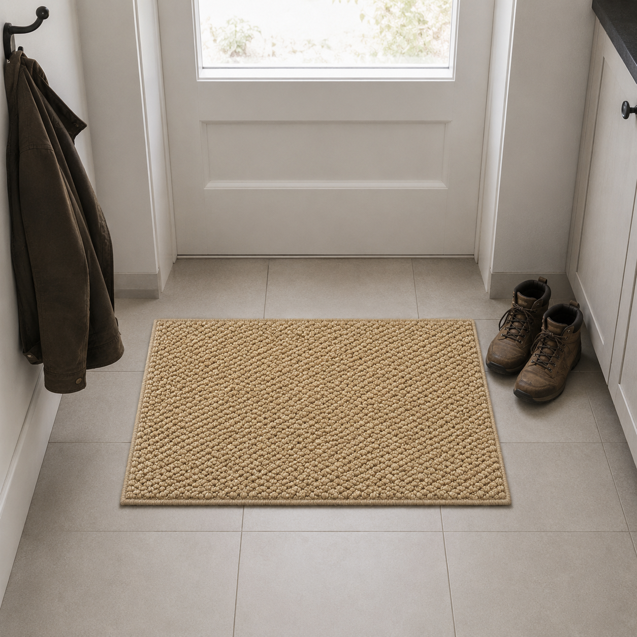 Small size beige loop pile doormat on pale grey tiles in front of a half-glazed back door, with a pair of dry walking boots standing on the tiles beside it