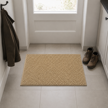 Small size beige loop pile doormat on pale grey tiles in front of a half-glazed back door, with a pair of dry walking boots standing on the tiles beside it