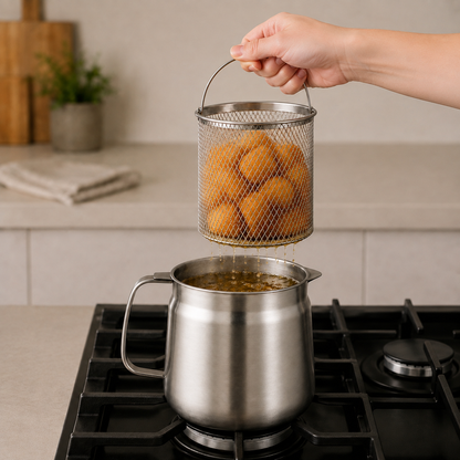 A hand grips the bail handle and lifts the fry basket of food clear of the oil strainer pot on a gas hob, oil draining back