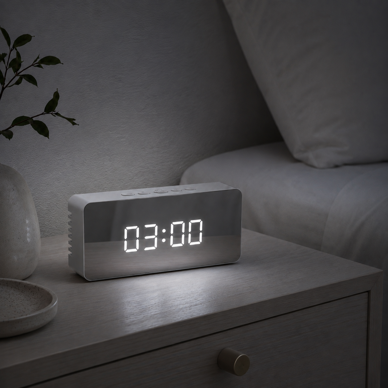 The mirror alarm clock on a pale limed-oak nightstand in a pale bedroom at 03:00, the large white digits lit and the only light in the room coming from the display