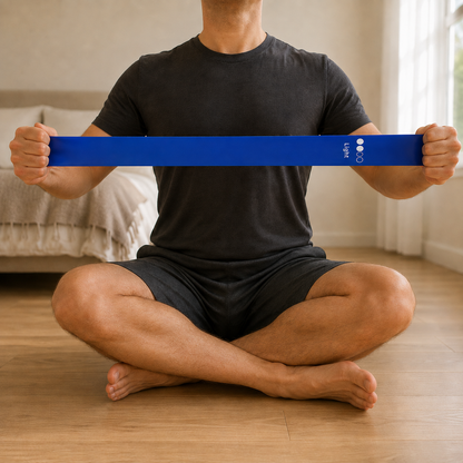 Man sitting cross legged on a bedroom floor holding the Light band stretched between both hands