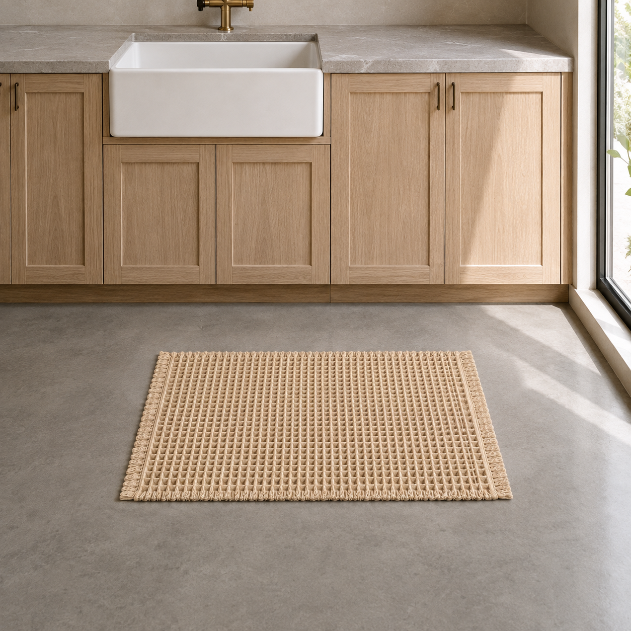 Beige waffle weave bath mat with fringed edges on a grey concrete kitchen floor in front of a butler sink