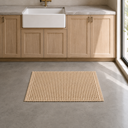 Beige waffle weave bath mat with fringed edges on a grey concrete kitchen floor in front of a butler sink
