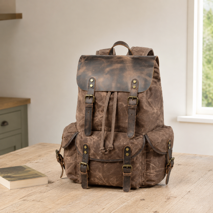 Brown waxed canvas backpack standing on a wooden kitchen table in morning light