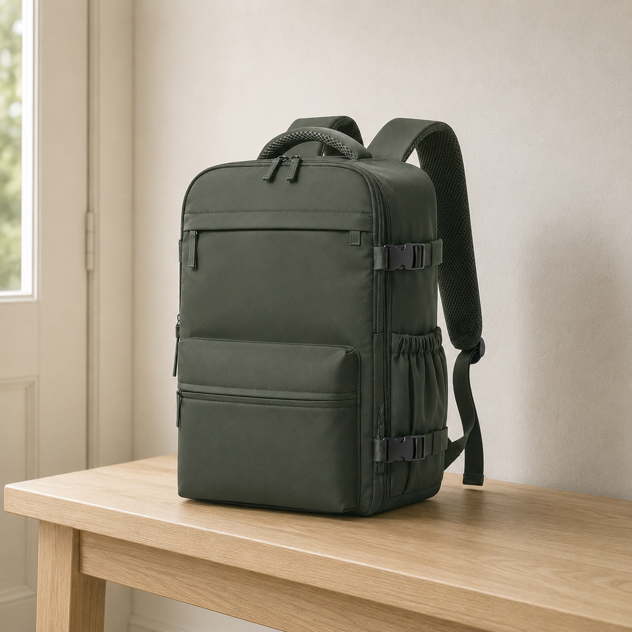 Olive green laptop backpack on an oak hallway bench beside a window