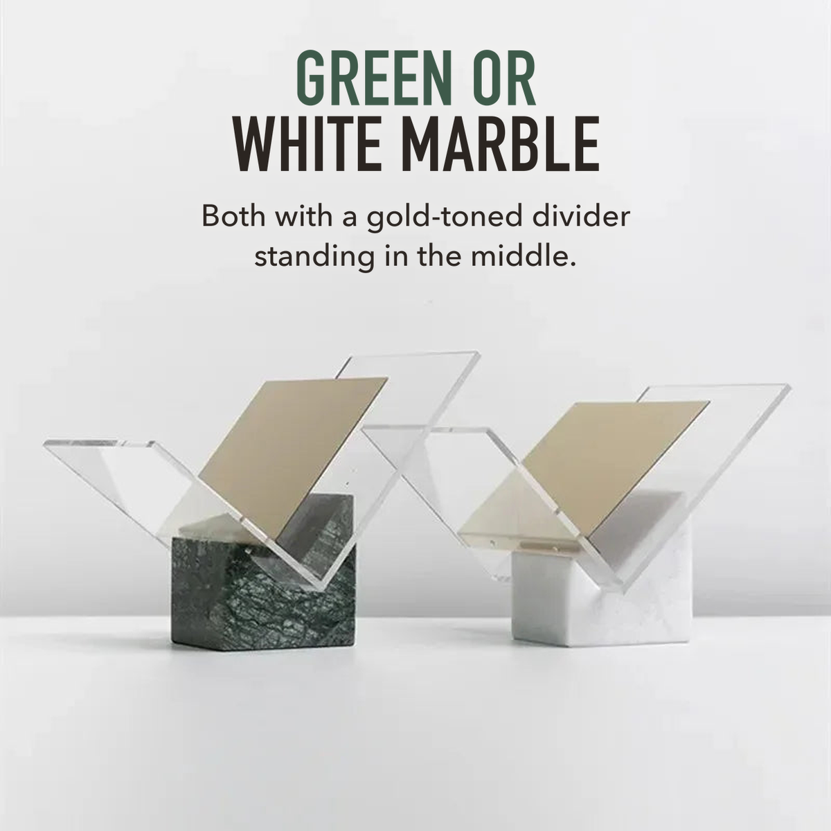 Green marble and white marble magazine holders side by side under the words green or white marble