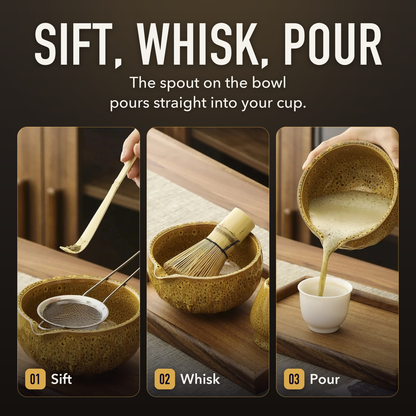 Three steps with the yellow matcha set: sifting powder into the bowl, the bamboo whisk in the bowl, and pouring matcha from the spout into a cup that is not included