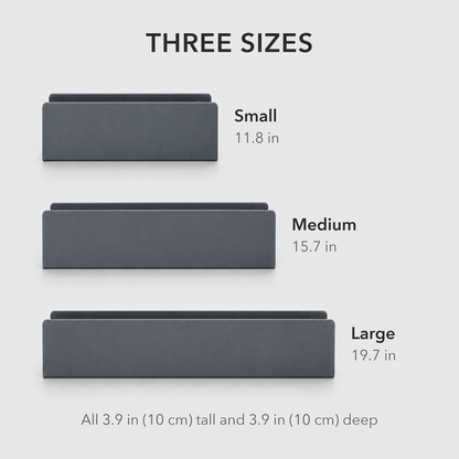 Small, medium and large black bathroom shelves shown to scale, 11.8, 15.7 and 19.7 inches long
