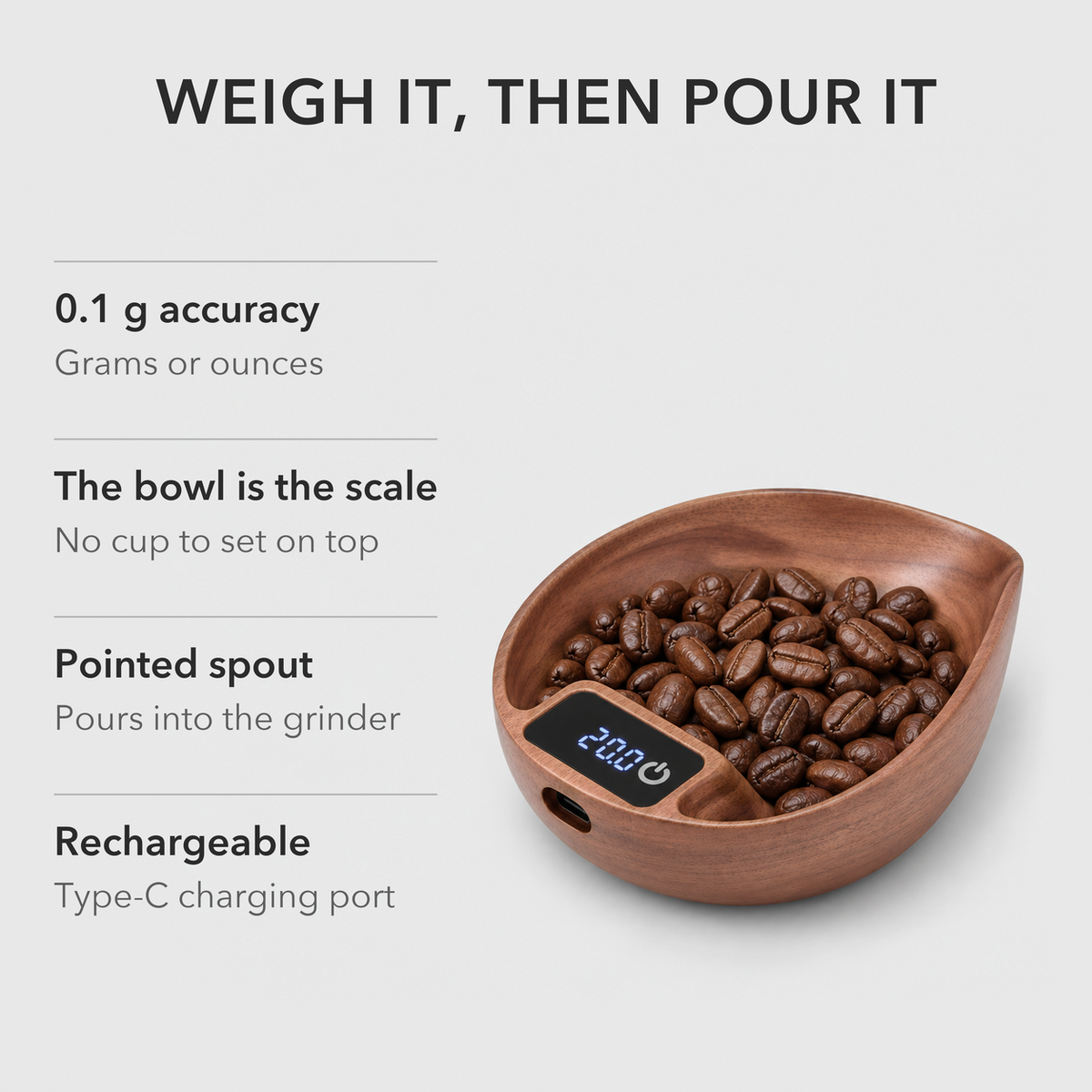 Walnut coffee scale holding coffee beans, with text: 0.1 g accuracy in grams or ounces, the bowl is the scale, a pointed spout that pours into the grinder, rechargeable with a Type-C port