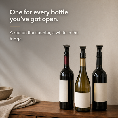 Three opened wine bottles on a sideboard, each with a wine stopper closed in its neck
