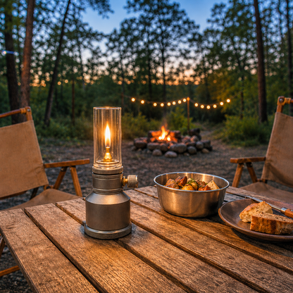The lit lantern on a wooden camp table at dusk beside a steel bowl of food and a plate of bread, with a fire pit and string lights out of focus behind