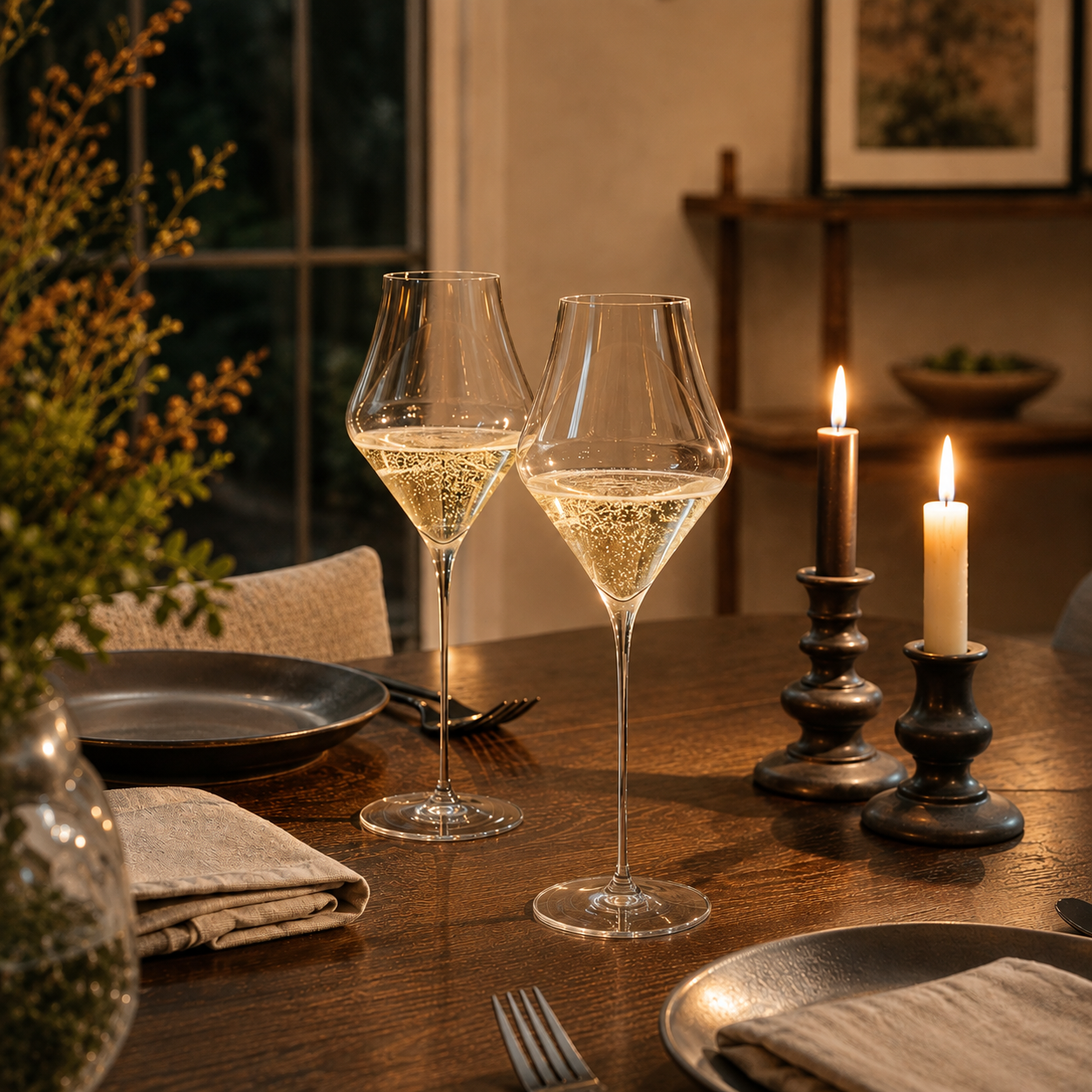 Two champagne glasses by candlelight on an evening dinner table