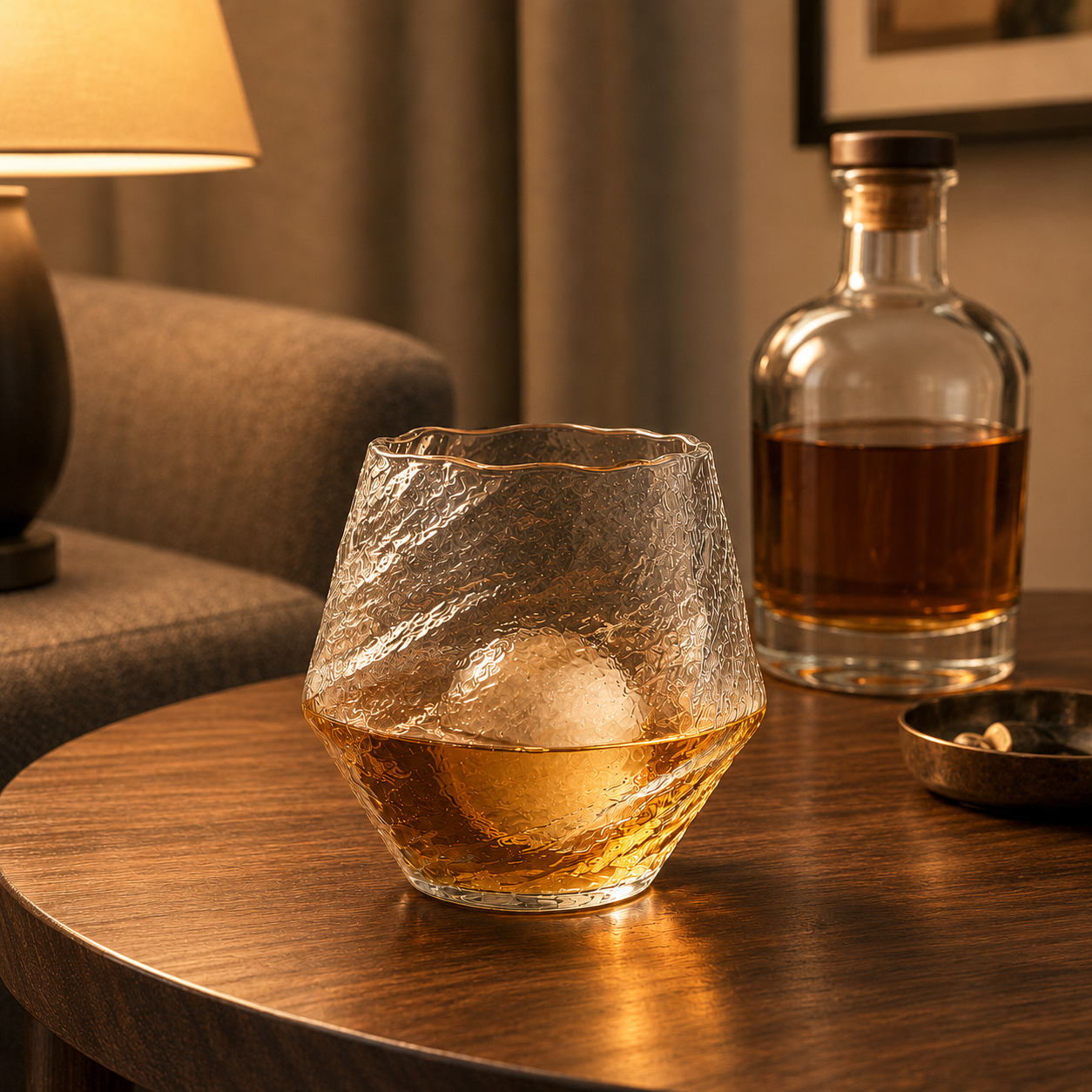 Hammered whiskey tumbler beside a decanter on a walnut side table by lamplight in the evening
