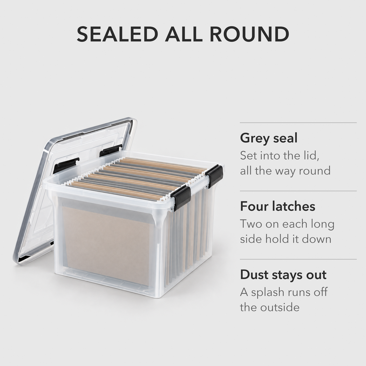 File box with the lid off showing the grey seal around the underside of the lid