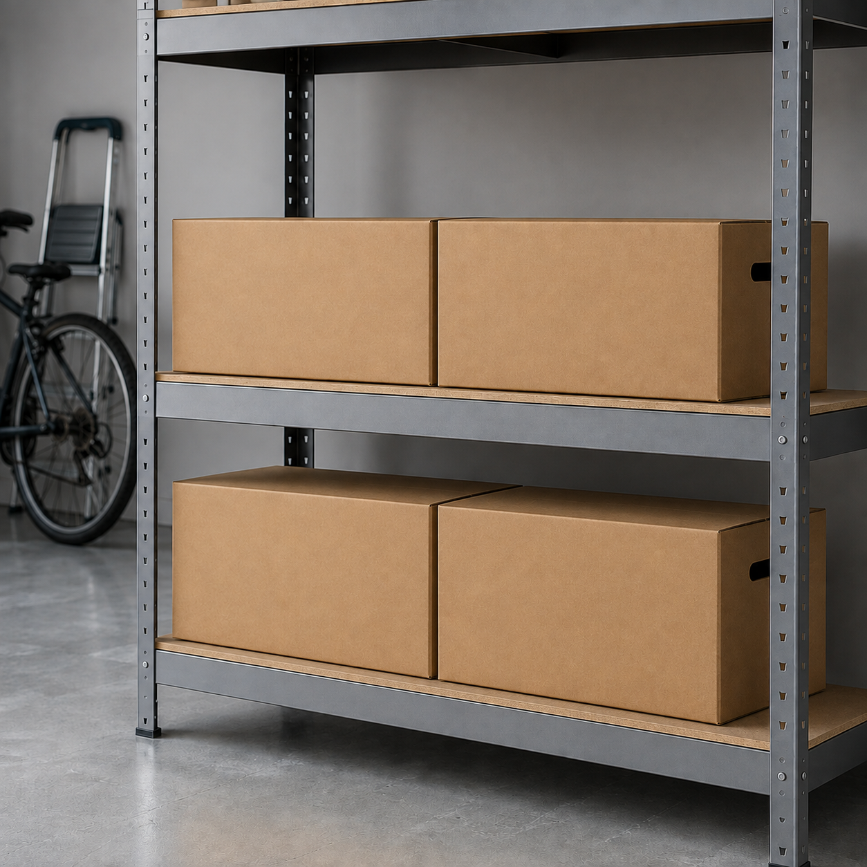 Four closed cardboard moving boxes stored on two levels of gray garage shelving
