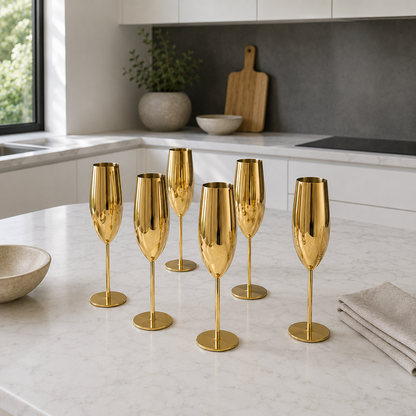 Six gold stainless steel champagne flutes on a white marble kitchen worktop in daylight