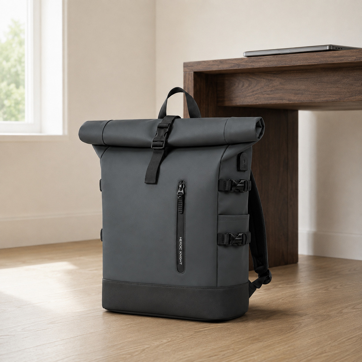 Gray roll top backpack on an oak floor beside a walnut desk in a daylit home office
