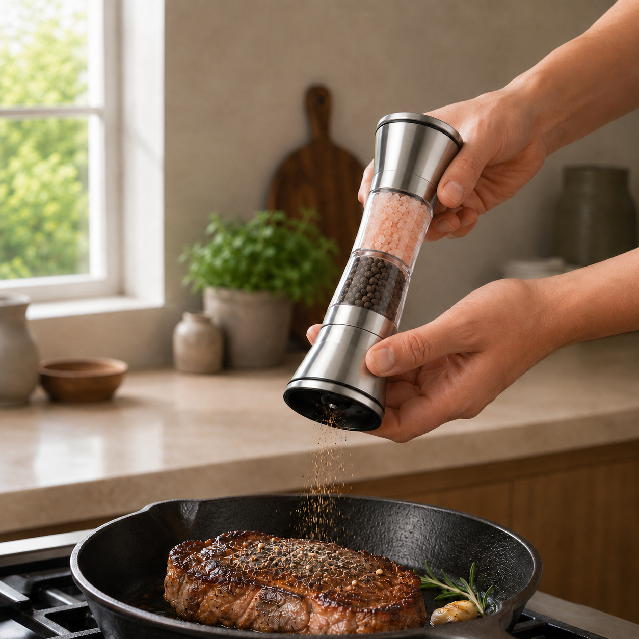 The mill held upside down, grinding black pepper over a steak in a skillet