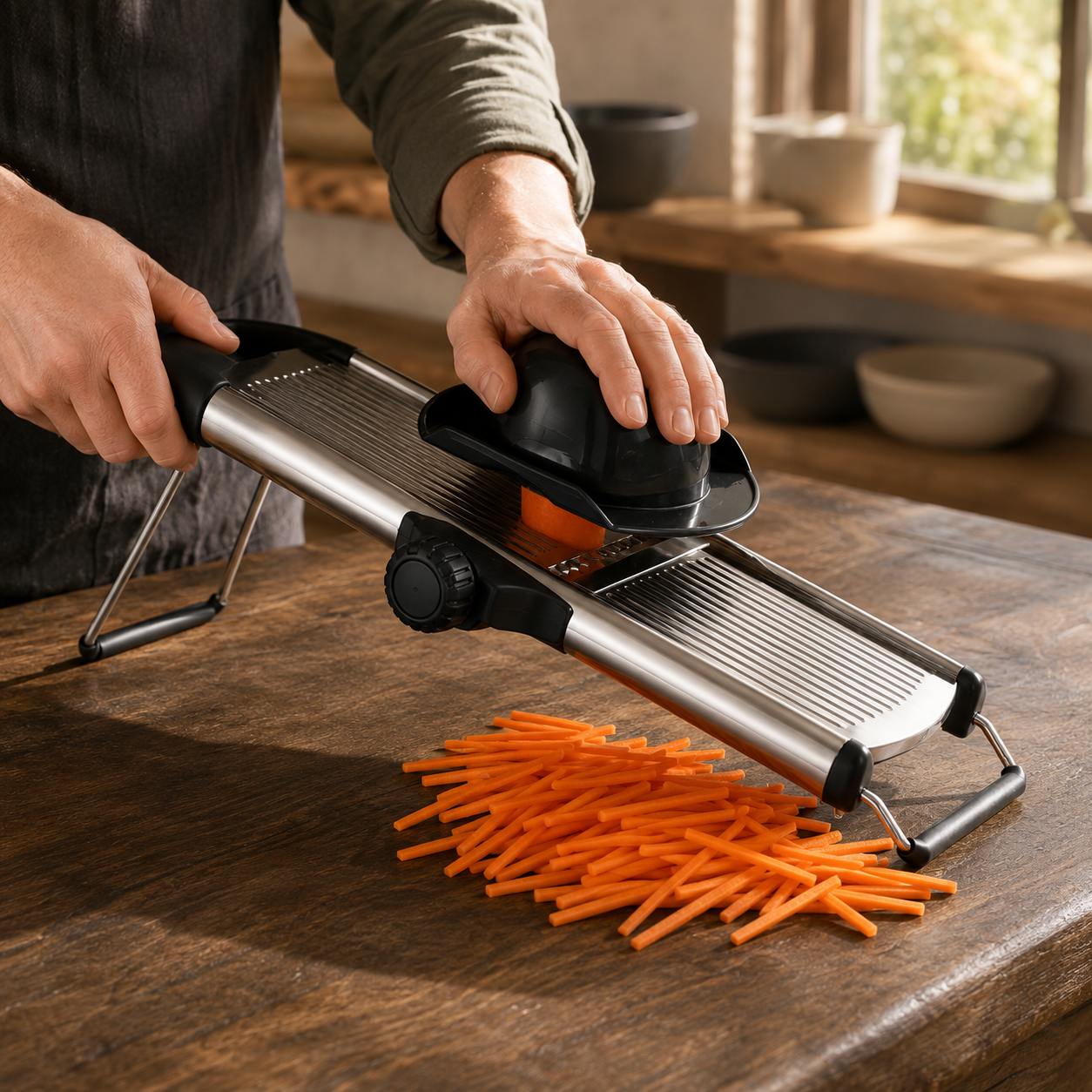 Mandoline slicer on a dark oak kitchen island cutting a carrot into matchsticks, with a pile of even julienne strips on the wood