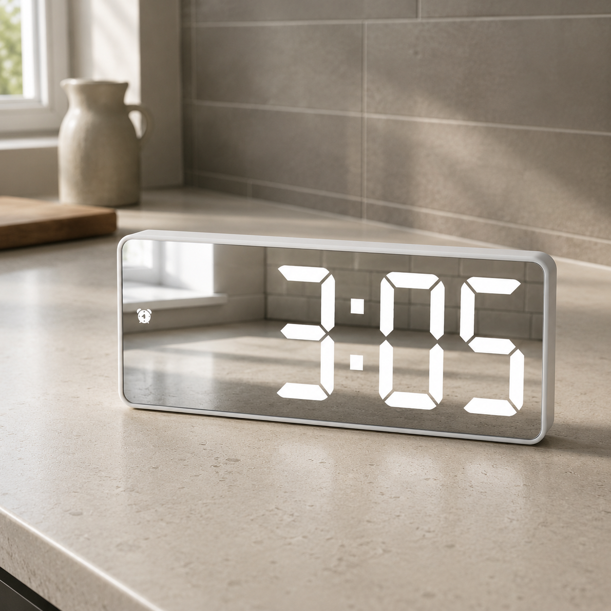 Mirror finish digital alarm clock on a stone kitchen worktop, the panel reflecting the tiles and window, showing 3:05