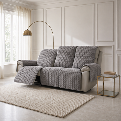 Gray quilted cover laid over a three seat reclining sofa with the left footrest extended, in a pale paneled living room