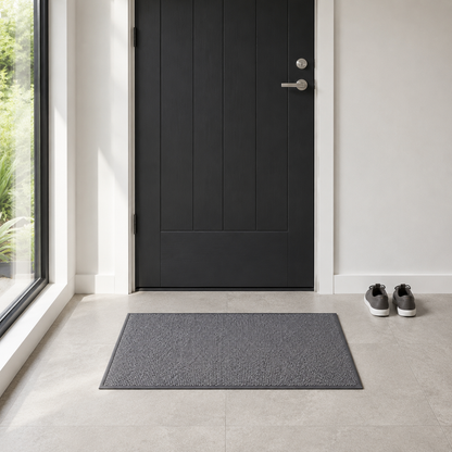 Gray woven kitchen rug in an entrance hall in front of a black front door