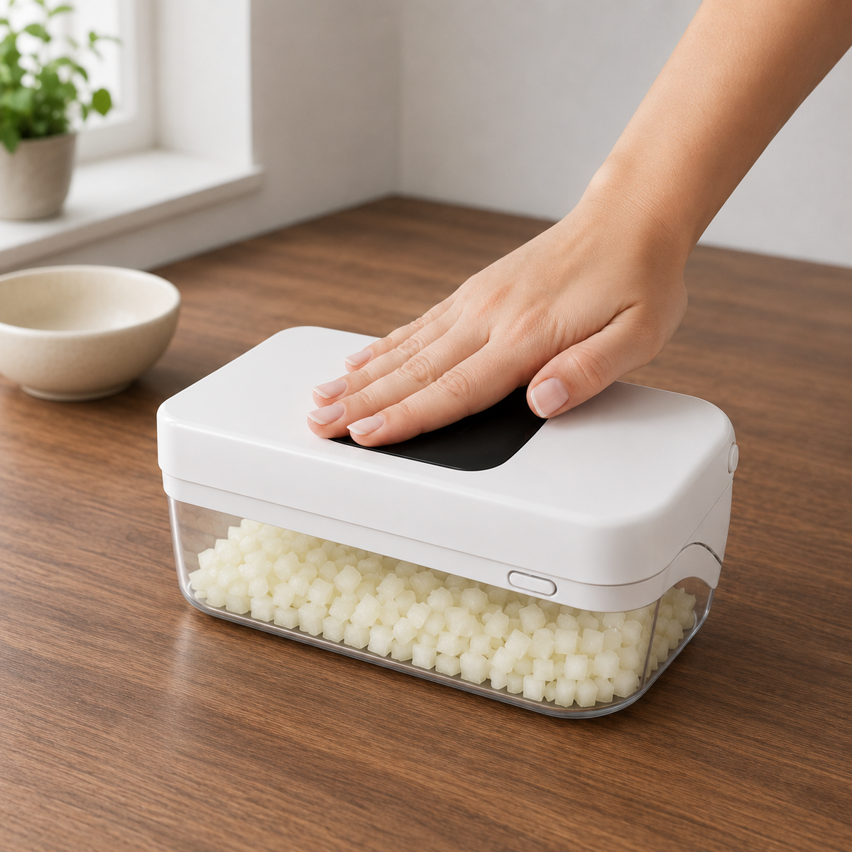 A flat hand pressing down on the closed lid of the white vegetable chopper on a dark wood worktop, with diced onion visible inside the clear container.