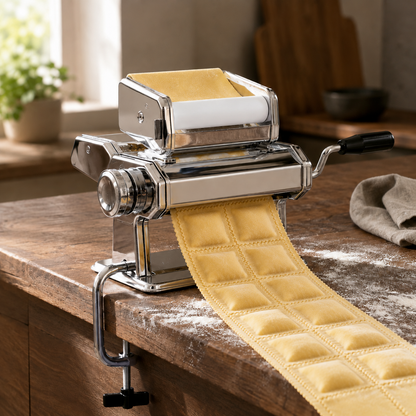 Pasta maker fitted with its ravioli attachment, a sheet of filled ravioli two rows across emerging onto a walnut worktop
