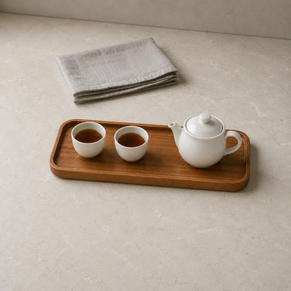Large rectangular wooden tray on a kitchen counter with a teapot and two cups