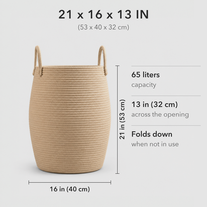 Dimension card: the rope hamper is 21 x 16 x 13 inches with a 65 liter capacity, and folds down when not in use.