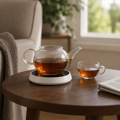 Glass teapot of tea standing on the mug warmer on a walnut side table