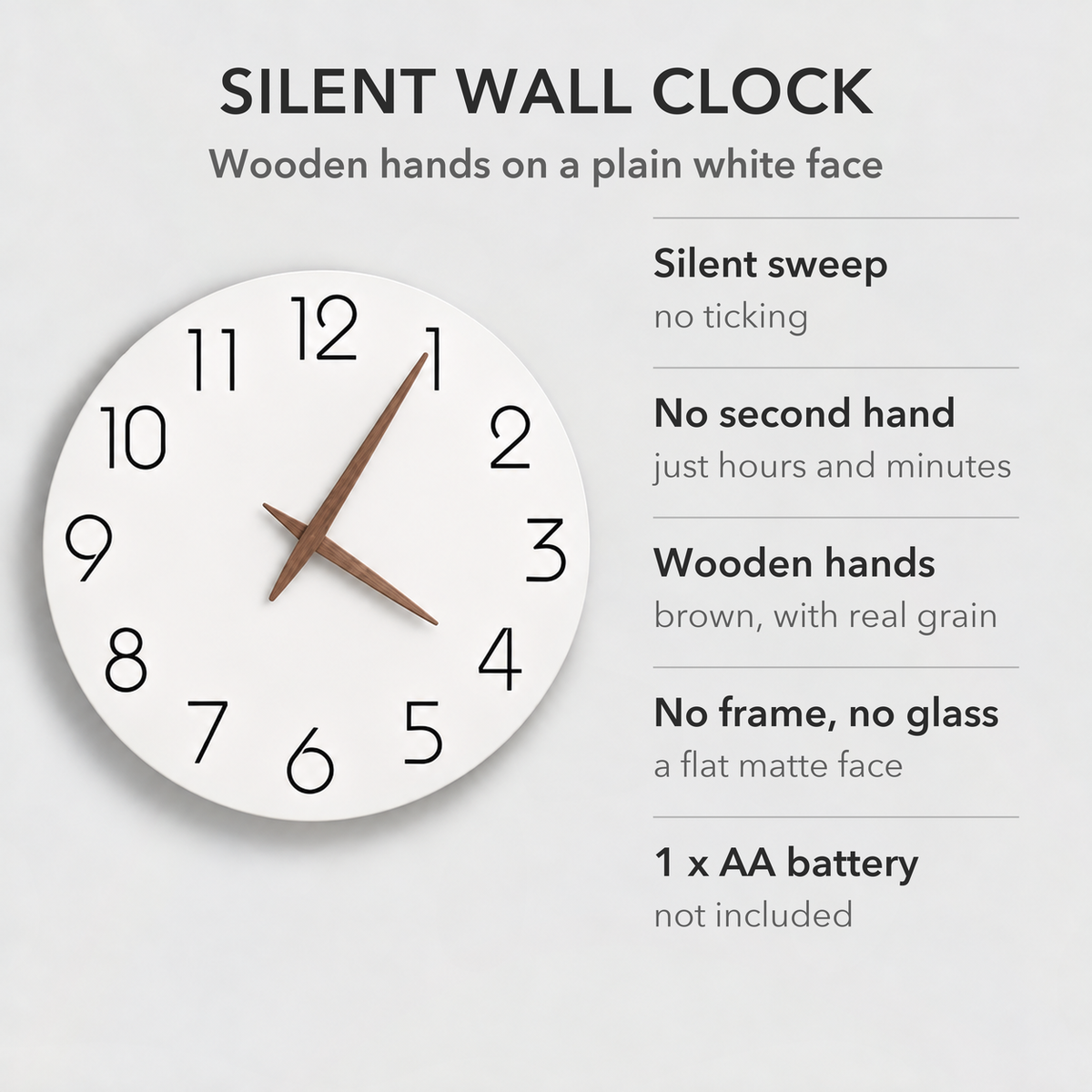 Text image: Silent wall clock with wooden hands, a silent sweep with no ticking, no second hand, no frame or glass, and one AA battery not included