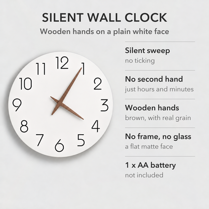 Text image: Silent wall clock with wooden hands, a silent sweep with no ticking, no second hand, no frame or glass, and one AA battery not included
