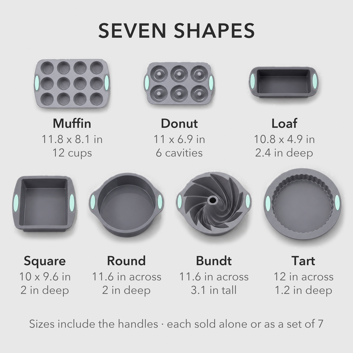 The seven silicone baking pans laid out with their names and sizes: muffin, donut, loaf, square, round, bundt and tart
