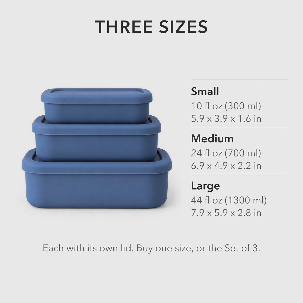 Small, medium and large blue silicone containers stacked, with their capacities and dimensions listed beside each