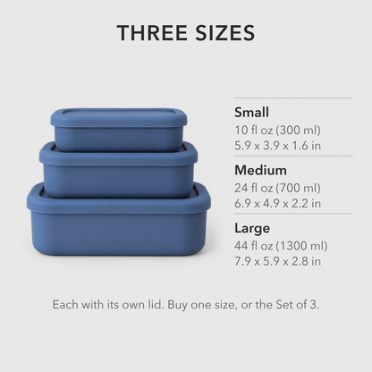 Small, medium and large blue silicone containers stacked, with their capacities and dimensions listed beside each