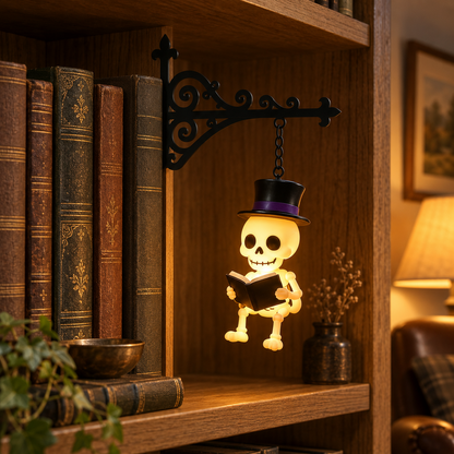 Skeleton pendant in a black top hat holding an open book, on the black bracket on a shelf of leather-bound books