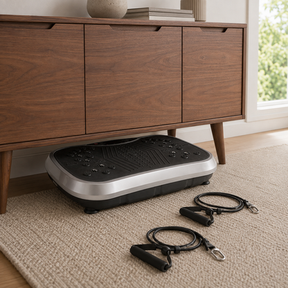 Vibration plate slid halfway under a low walnut sideboard, resistance bands coiled beside it