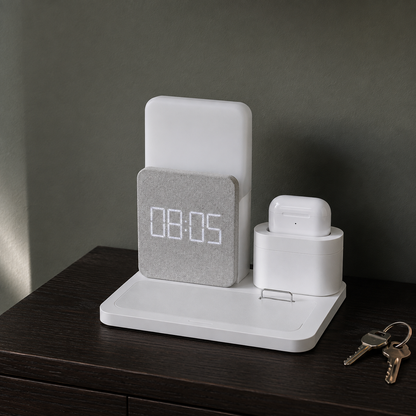 White charging station with light gray fabric clock face on a dark hallway console, earbud case in the dock