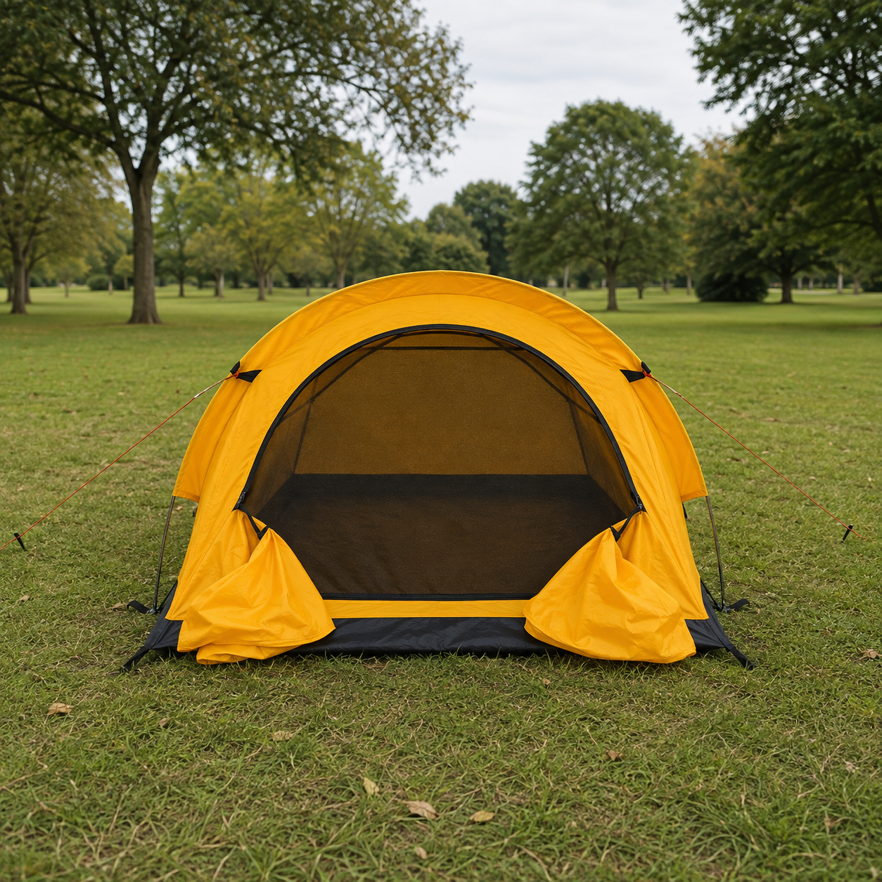 Yellow backpacking tent seen head on with the outer door folded back and the mesh inner door showing
