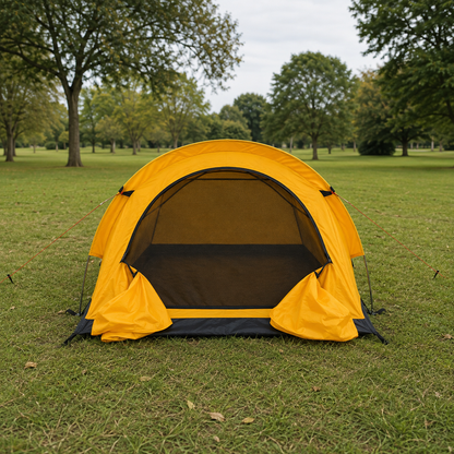 Yellow backpacking tent seen head on with the outer door folded back and the mesh inner door showing