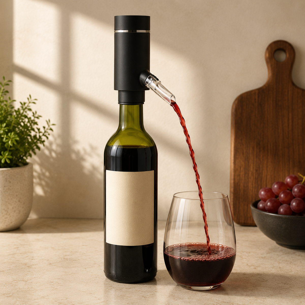 Matte black electric wine aerator on a bottle of red wine, pouring into a glass on a sunlit kitchen counter