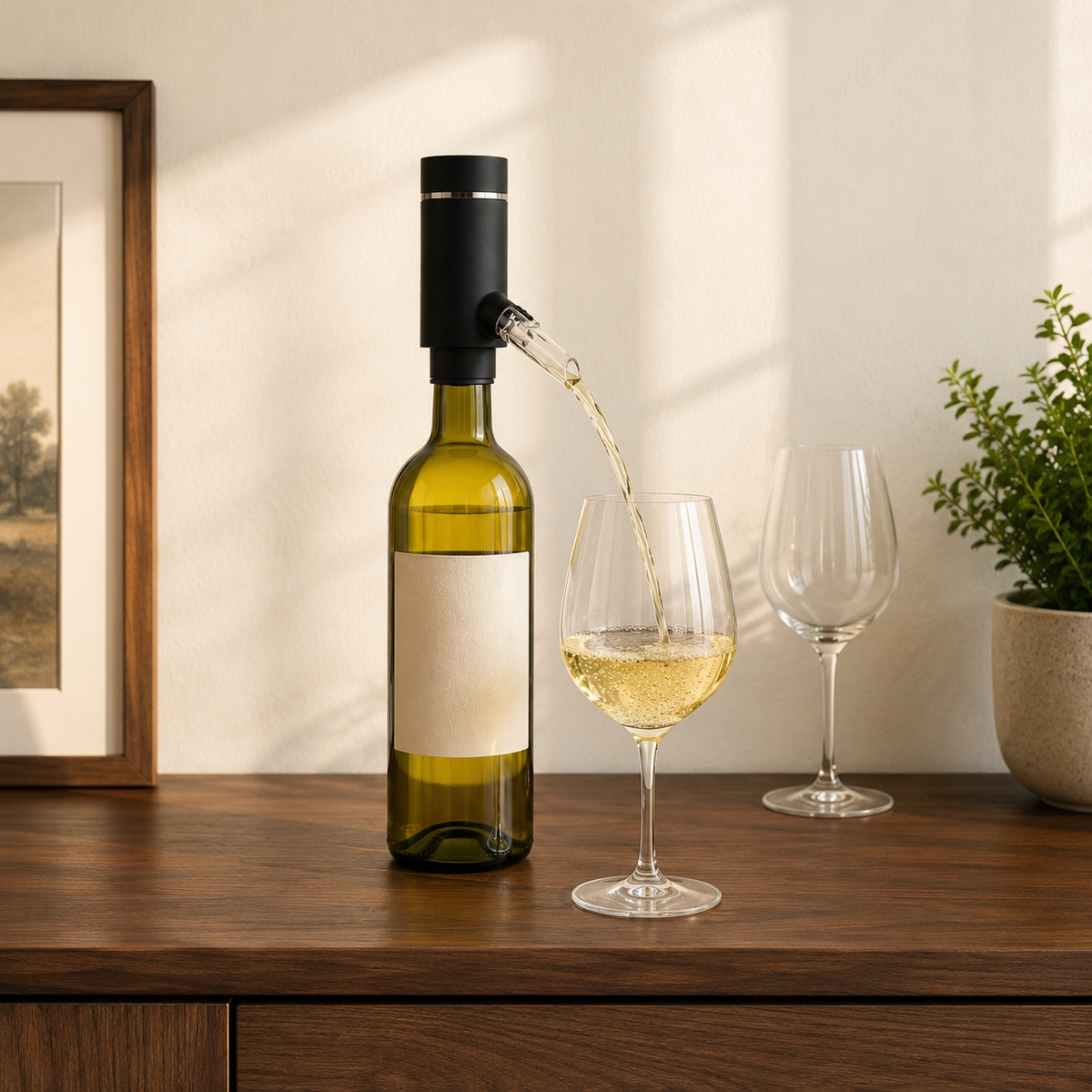 Electric wine aerator on a bottle of white wine, pouring into a glass on a walnut dining room sideboard